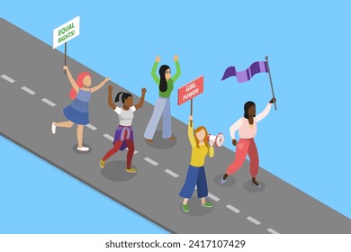 3D Isometric Flat Vector Illustration of Angry Feminist Protester , Group of Diverse People at Picket