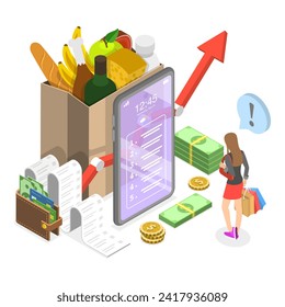3D Isometric Flat Vector Illustration of Inflation, Price Rising, Reduction in the Purchasing Power of Money. Item 3