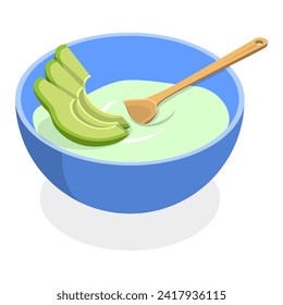 3D Isometric Flat Vector Illustration of Cereal Breakfast, Bowls with Porridge, Fruits, Yogurt and Berries. Item 3