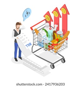 3D Isometric Flat Vector Illustration of Inflation, Price Rising, Reduction in the Purchasing Power of Money. Item 2