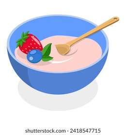 3D Isometric Flat Vector Illustration of Cereal Breakfast, Bowls with Porridge, Fruits, Yogurt and Berries. Item 1