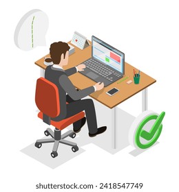 3D Isometric Flat Vector Illustration of Right And Wrong Sitting Postures, Medical Ergonomic Workplace. Item 1