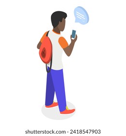 Isometric Flat Vector Illustración de Chatting People, Grupo de personajes con Smartphones. Tema 1