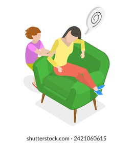 3D Isometric Flat Vector Illustration of Depressed Tired Parents, Parenting Fatigue and Anxiety. Item 2