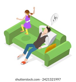 3D Isometric Flat Vector Illustration of Depressed Tired Parents, Parenting Fatigue and Anxiety. Item 3