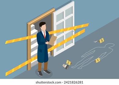 3D Isometric Flat Vector Illustration of Crime Scene, Police Inspector or Private Detective Taking Notes