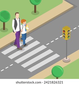 3D Isometric Flat Vector Illustration of School Crosswalk, Pedestrian Safety Rules