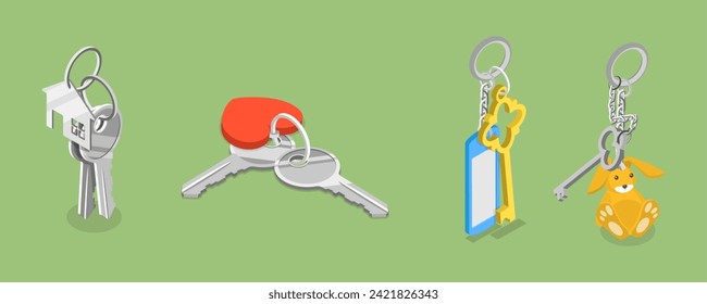 3D Isometric Flat Vector Illustration of Key Sets Collection, Keys with Accessories