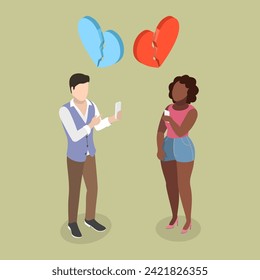 3D Isometric Flat Vector Illustration of Heartbreack, Unhappy Couple with Broken Hearts