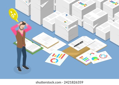 3D Isometric Flat Vector Illustration of Paper Work, Confusion and Mess