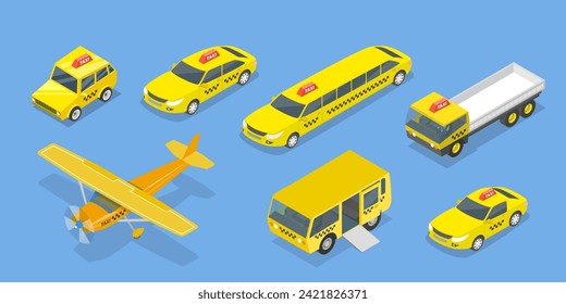 3D Isometric Flat Vector Illustration of Taxi Collection, Different Vehicle Types