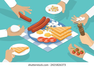 3D Isometric Flat Vector Illustration of Breakfast Plate, People Having a Meal