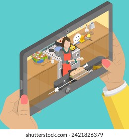 3D Isometric Flat Vector Illustration of Online Cooking Show, Internet Culinary Streaming TV