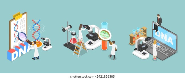 Isometric Flat Vector Isométrico Ilustración de la ciencia del ADN genético, ingenieros genéticos y tecnologías de decodificación