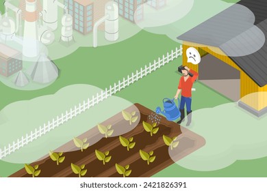 3D-Isometrisches Flachbild-Vektorgrafik von Agrarfragen aufgrund des Klimawandels, Luftverschmutzung