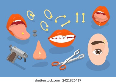 3D Isometric Flat Vector Illustration of Body Piercing, Hoops or Barbells