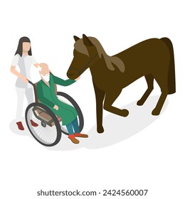 Ilustración vectorial plana isométrica 3D de hipoterapia, terapia animal con caballos. Tema 3