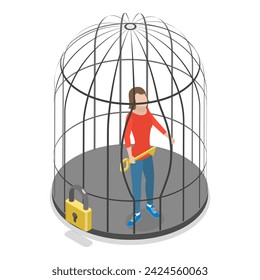 3D Isometric Flat Vector Illustration of Mind Prison, Locked in a Birdcage. Item 2