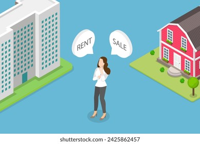 3D Isometric Flat Vector Illustration of Rent Vs Sell Property, Making Decision
