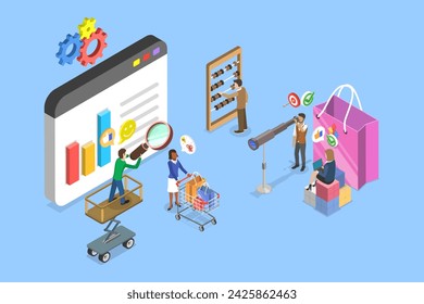 Ilustración vectorial plana isométrica 3D del estudio del comportamiento del consumidor, investigación del viaje del cliente