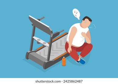 3D Isometric Flat Vector Illustration of Unhappy Man Trying to Lose Weight, Burning Calories or Active Recreation