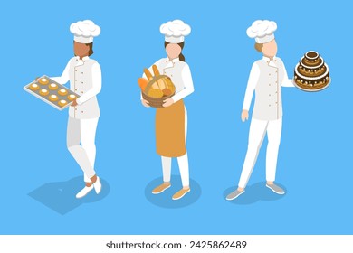 3D Isometric Flat Vector Illustration of Professional Baker, Happy Bakehouse Workers