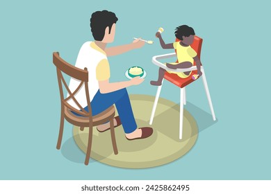 3D Isometric Flat Vector Illustration of Father Engaged In Raising Child, Child Feeding