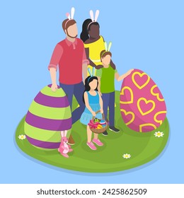 3D Isometric Flat Vector Illustration of Family Easter Celebration, Holiday Scene