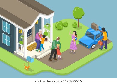 3D Isometric Flat Vector Illustration of Visit Of Grandchildren, Happy Family