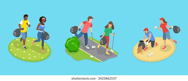 3D Isometric Flat Vector Illustration of Plogging Challenge, Volunteers at Eco Activity