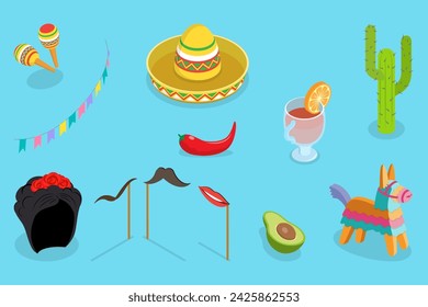 3D Isometric Flat Vector Illustration of Mexican Fiesta Party Symbols, Frida Kahlo