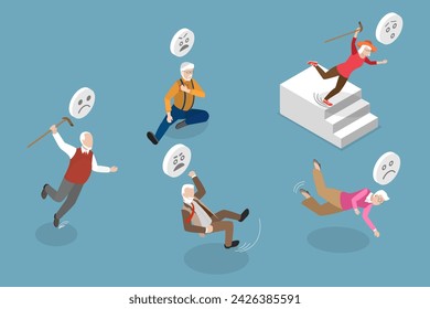 3D Isometric Flat Vector Illustration of Old People Stumble, Seniors Traumatic Accidents