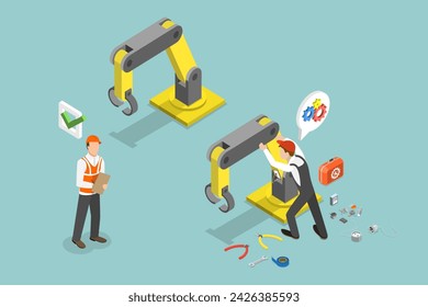 3D Isometrische flache Vektor-Illustration des Maschinenbauingenieurs, Fixierung einer Montagelinie mit Roboterarmen