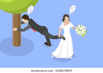 3D Isometric Flat Vector Illustration of Fear Of Commitment, Man Scared of Marriage