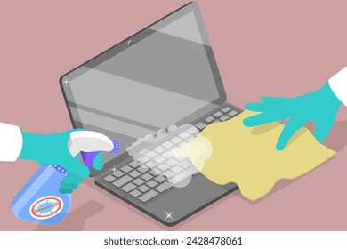 3D Isometric Flat Vector Illustration of Disinfection Of A Computer, Home Hygiene