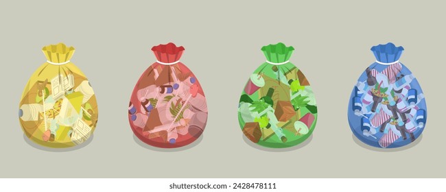 Ilustración de vector plano isométrico 3D de bolsas de basura transparentes, separación de residuos