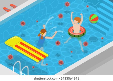 3D Isometric Flat Vector Illustration of Pool Infected With Bacteria, Contaminated Water