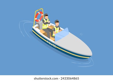 3D-isometrische flache Vektor-Illustration der Wasserpolizei, Küstenwachschiff