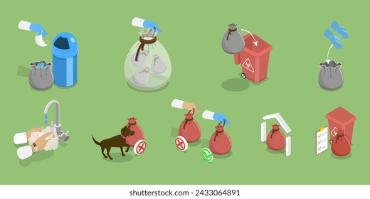 3D Isometric Flat Vector Illustration of Home Waste Disposal, Garbage Separation and Recycling