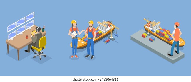 3D Isometric Flat Vector Illustration of Sea Port Checkpoint , Freight Transportation and Delivery