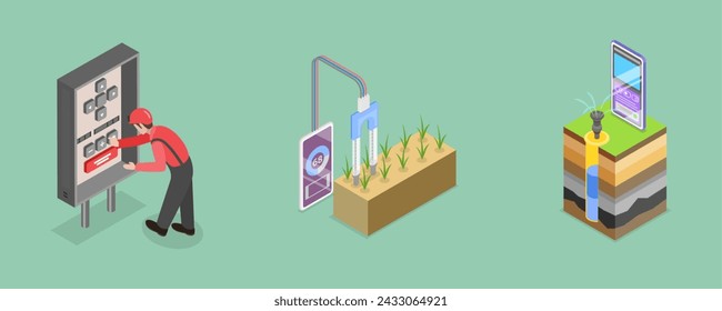 3D Isometric Flat Vector Illustration of Irrigation System Components, Soil Moisture Control