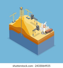 Ilustración vectorial plana isométrica 3D de extracción de petróleo, extracción y proceso de refinado