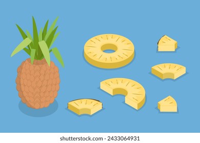 Ilustración vectorial plana isométrica 3D de la colección de piña, fruta tropical dulce