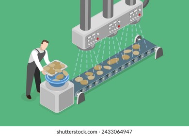 Ilustración vectorial plana isométrica 3D del proceso de fabricación de papas fritas, línea de montaje en planta