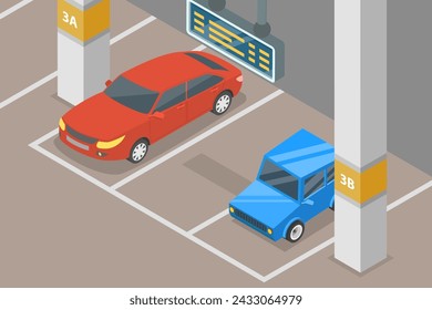 3D Isometric Flat Vector Illustration of Underground Parking Lot, Smart Guidance System