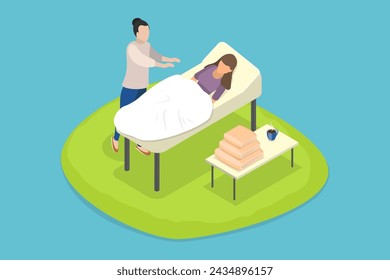 3D Isometric Flat Vector Illustration of Reiki Treatment, Health Care and Wellness