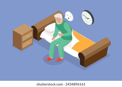 3D Isometric Flat Vector Illustration of Insomnia, Old Person Suffering from Sleeplessness