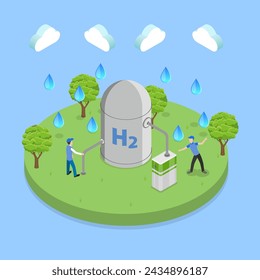 3D Isometric Flat Vector Illustration of Green Hydrogen Power Production, H2 Renewable and Environmental Resource