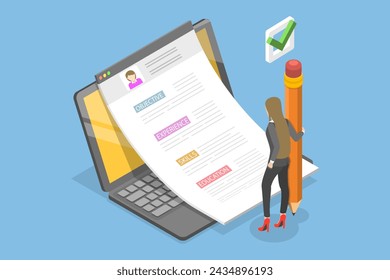 3D Isometric Flat Vector Illustration of Writing a CV For Vacancy Application, Candidate Experience Review