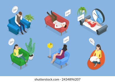 3D Isometric Flat Vector Illustration of People Relaxing And Napping, Lazy Characters